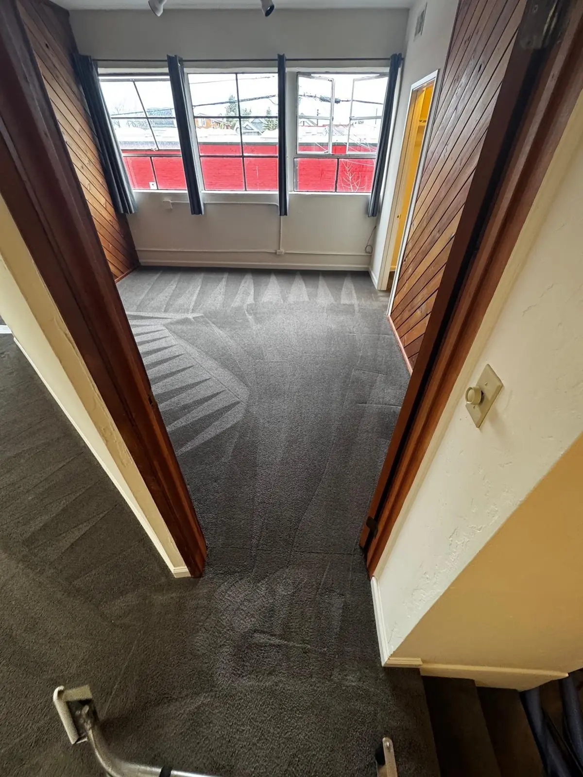Empty room featuring dark grey carpeting that exhibits a professional shark-tooth vacuum pattern. This detailed finish is the hallmark of the deep, meticulous cleaning performed by experts in Los Gatos.